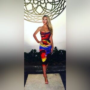 HOUSE OF CB 'Mitzi' Corset Printed Satin Midi Dress Size S-US 4-6 $269